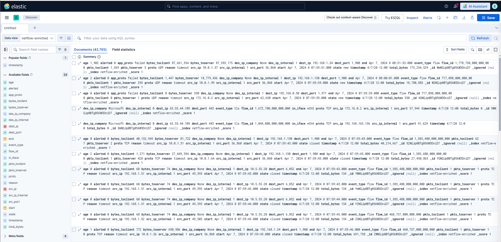 Enriched Netflow Logs in Elastic Discover showing all 42,765 documents